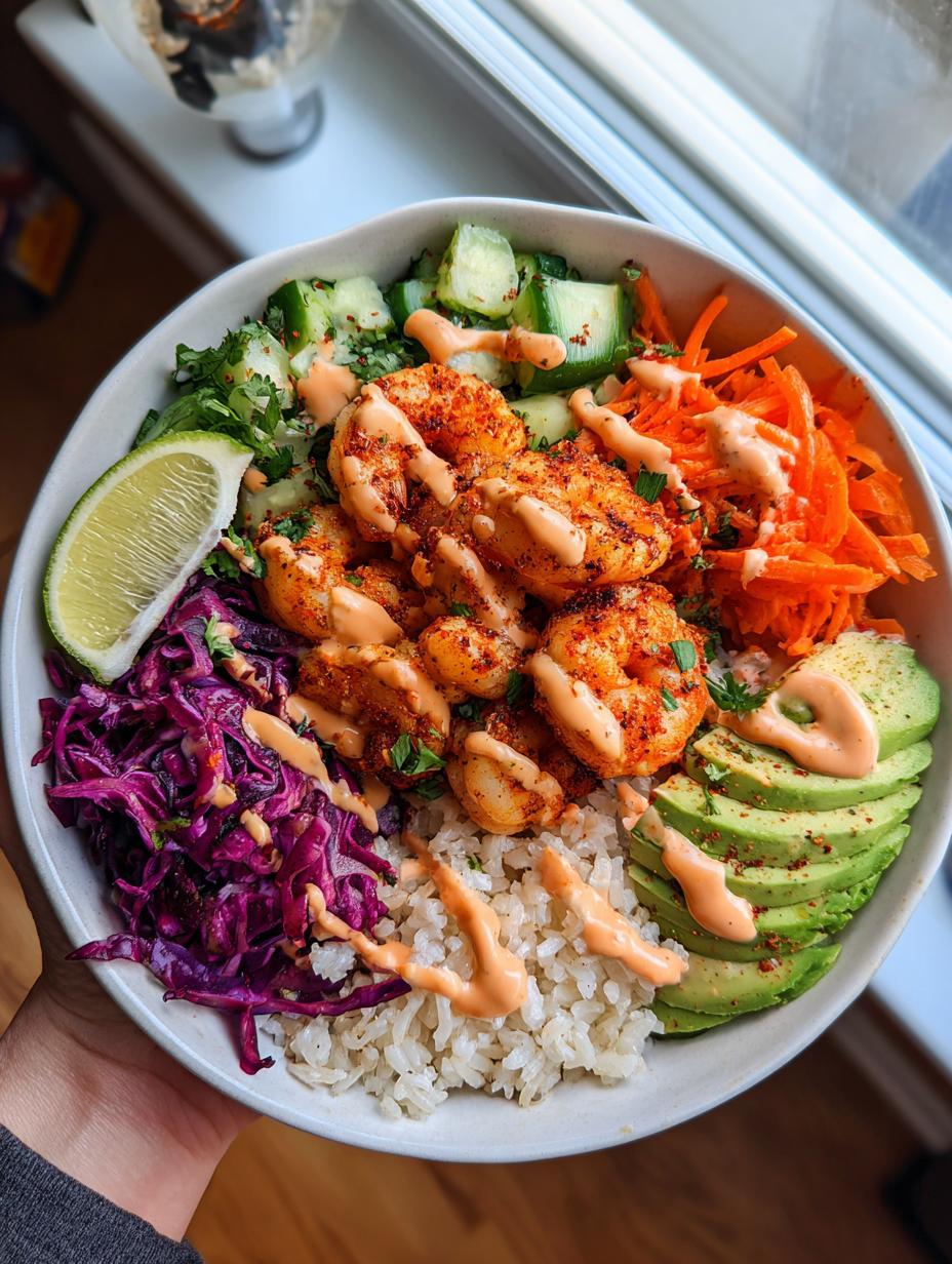 A vibrant bowl of Spicy Shrimp Rice Bowls with Creamy Chili Sauce, featuring seasoned shrimp, rice, avocado, red cabbage, carrots, and cucumber.