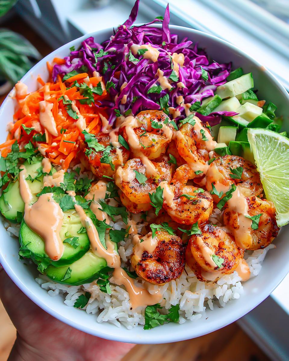 A vibrant bowl of Spicy Shrimp Rice Bowls topped with creamy chili sauce, shredded carrots, red cabbage, avocado, and lime.