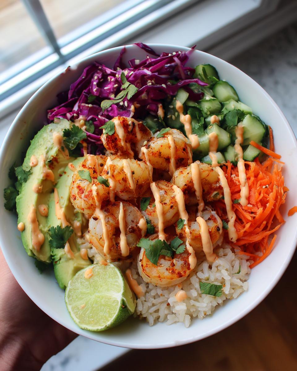 A vibrant bowl of Spicy Shrimp Rice Bowls with Creamy Chili Sauce, featuring seasoned shrimp, rice, avocado, shredded carrots, cucumber, and red cabbage.