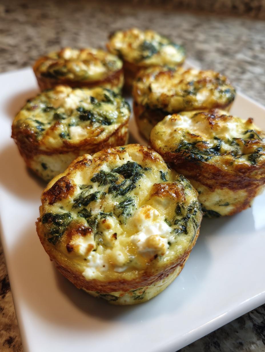 A close-up of several Spinach and Feta Egg White Muffins arranged on a white plate.