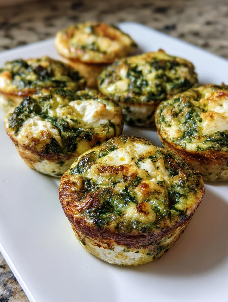 Close-up of several Spinach and Feta Egg White Muffins on a white plate, showcasing their golden-brown tops and green spinach filling.