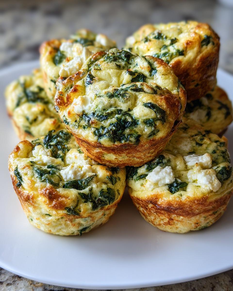 A stack of golden-brown Spinach and Feta Egg White Muffins on a white plate, showcasing visible spinach and feta cheese.