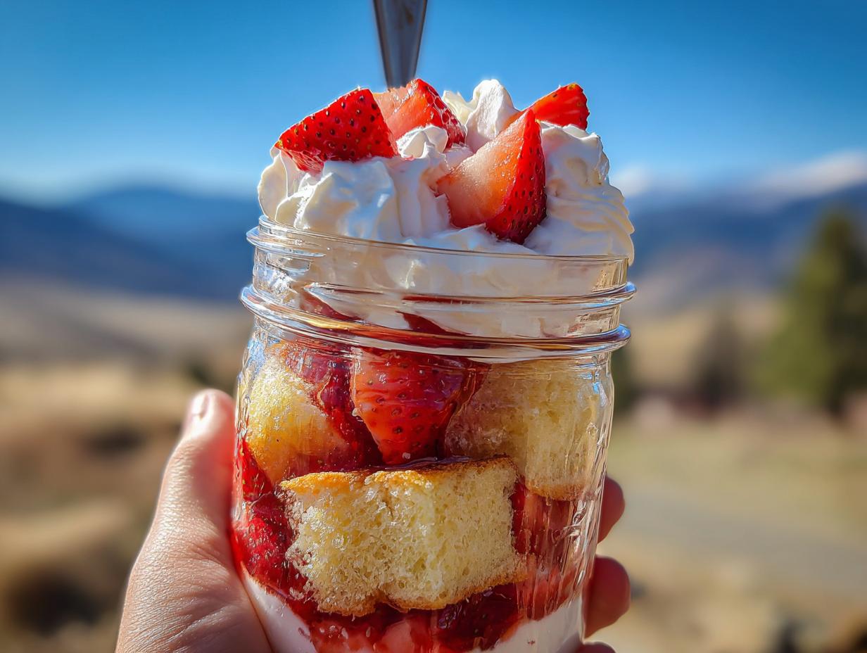 A hand holds a mason jar filled with layers of cake, strawberries, and whipped cream for an easy Strawberry Shortcake Cups dessert.