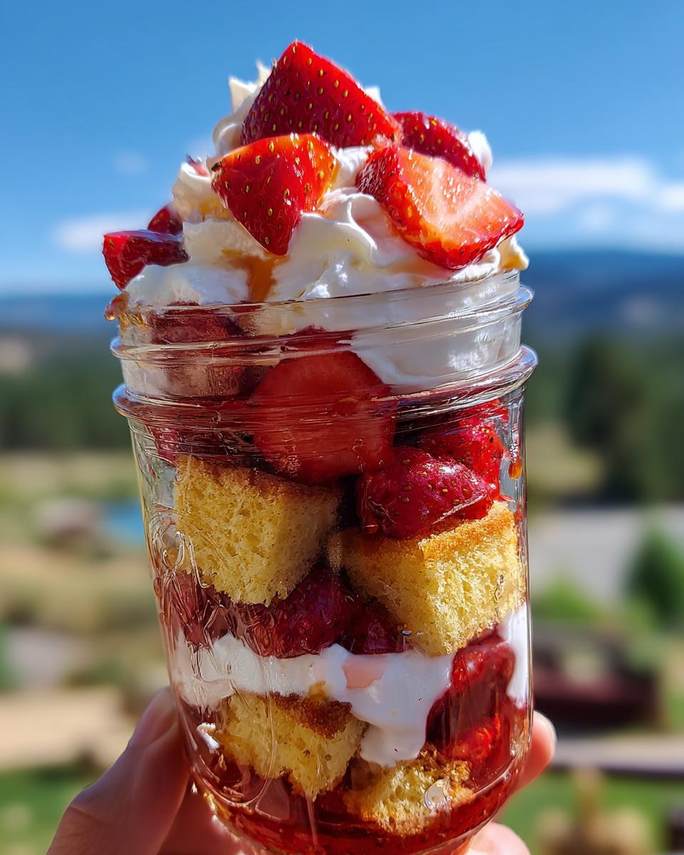 Strawberry Shortcake Cups Easy Version No Fuss Dessert 4 Joy 8 A hand holds a mason jar filled with layers of cake, strawberries, and whipped cream, showcasing an easy Strawberry Shortcake Cups dessert.