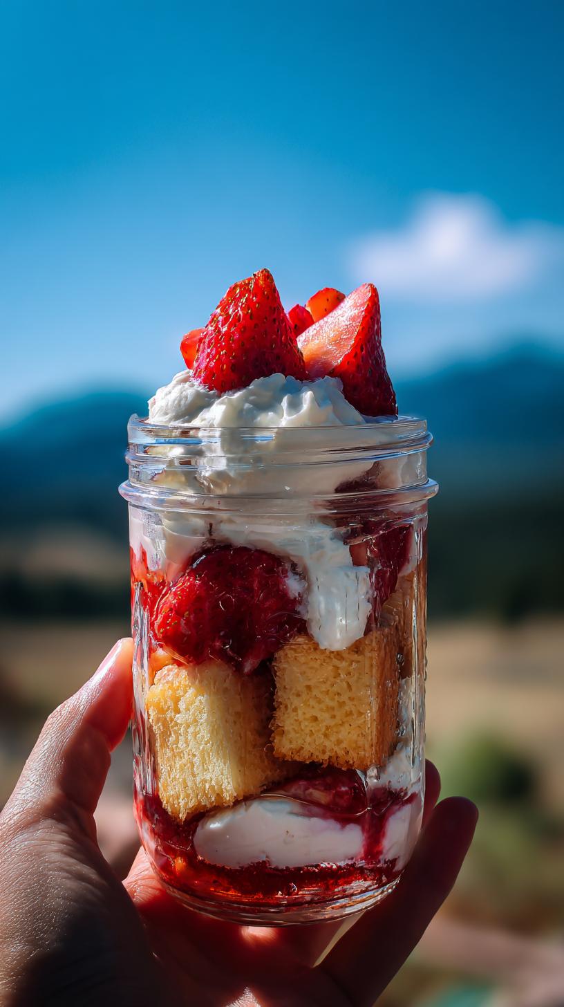 Strawberry Shortcake Cups Easy Version No Fuss Dessert 4 Joy 9 A hand holds a mason jar filled with layers of cake, strawberries, and whipped cream, showcasing an easy Strawberry Shortcake Cups dessert.