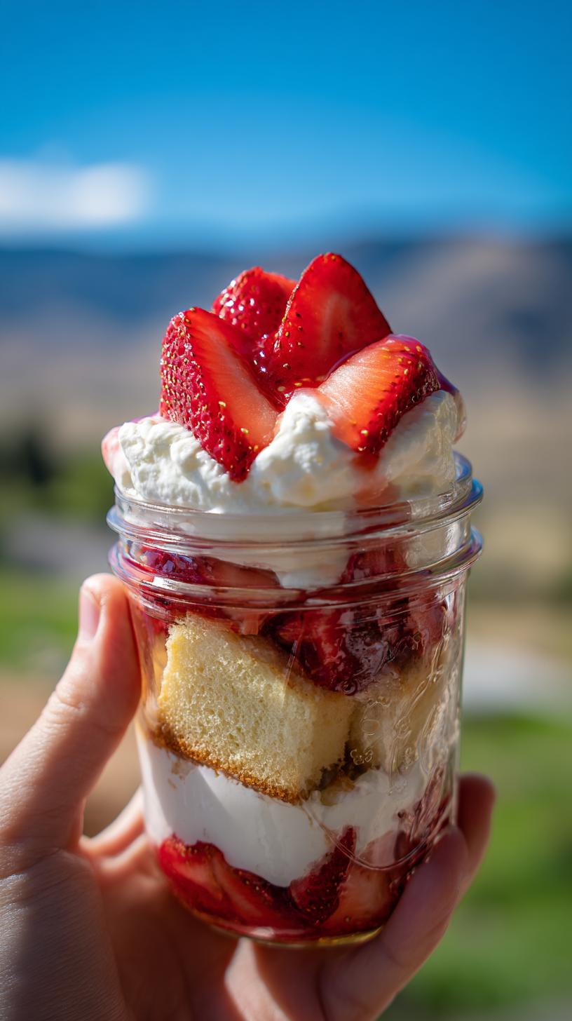 Strawberry Shortcake Cups Easy Version No Fuss Dessert 4 Joy 7 A hand holds a jar filled with layers of cake, whipped cream, and strawberries, showcasing an easy Strawberry Shortcake Cups dessert.