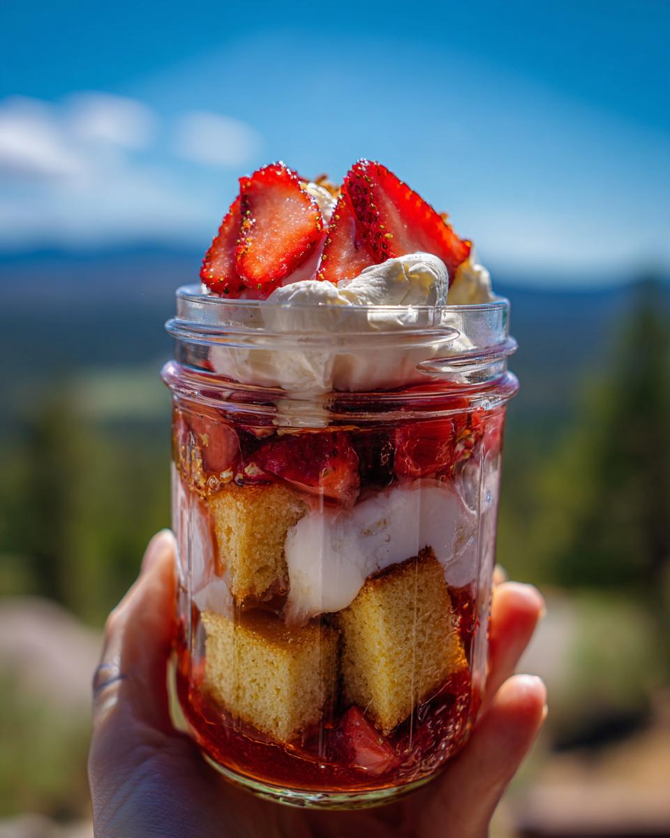 Strawberry Shortcake Cups Easy Version No Fuss Dessert 4 Joy 6 A hand holds a mason jar filled with layers of cake, strawberries, and whipped cream, showcasing an easy Strawberry Shortcake Cups dessert.