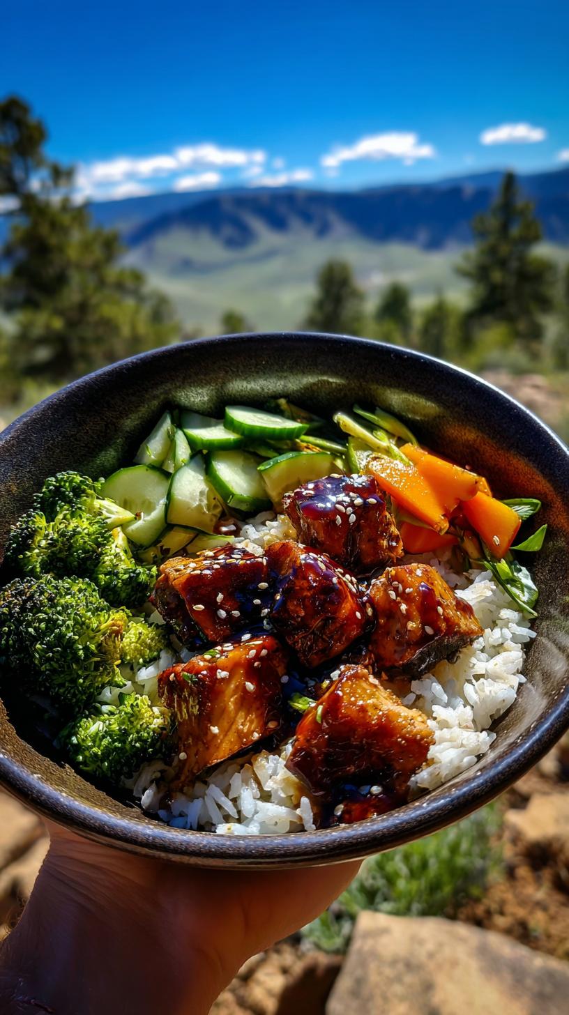 A close-up of a Teriyaki Salmon Bowl Healthy Meal Easy and Flavorful with rice, broccoli, cucumber, carrots, and glazed salmon cubes topped with sesame seeds.