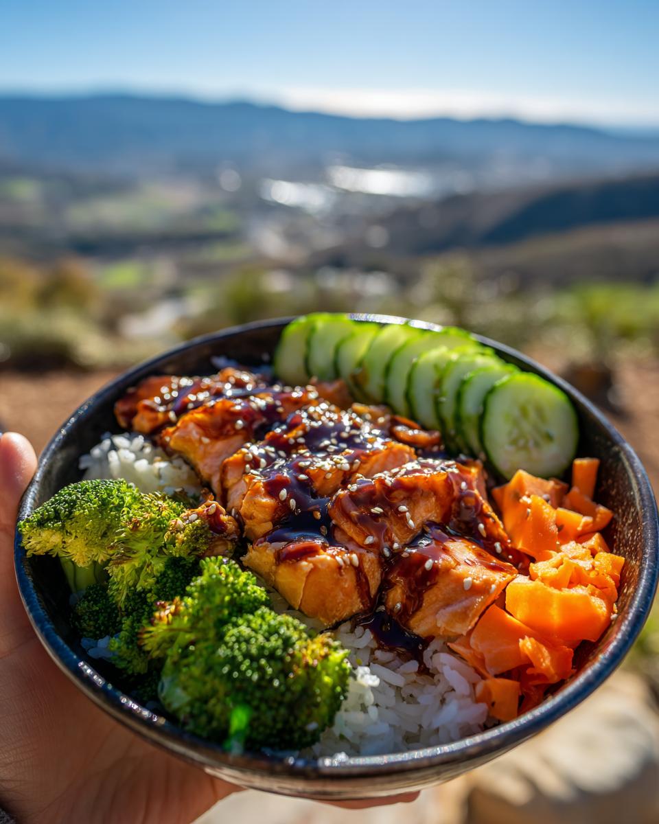 A close-up of a Teriyaki Salmon Bowl Healthy Meal Easy and Flavorful with salmon, rice, broccoli, carrots, and cucumber.