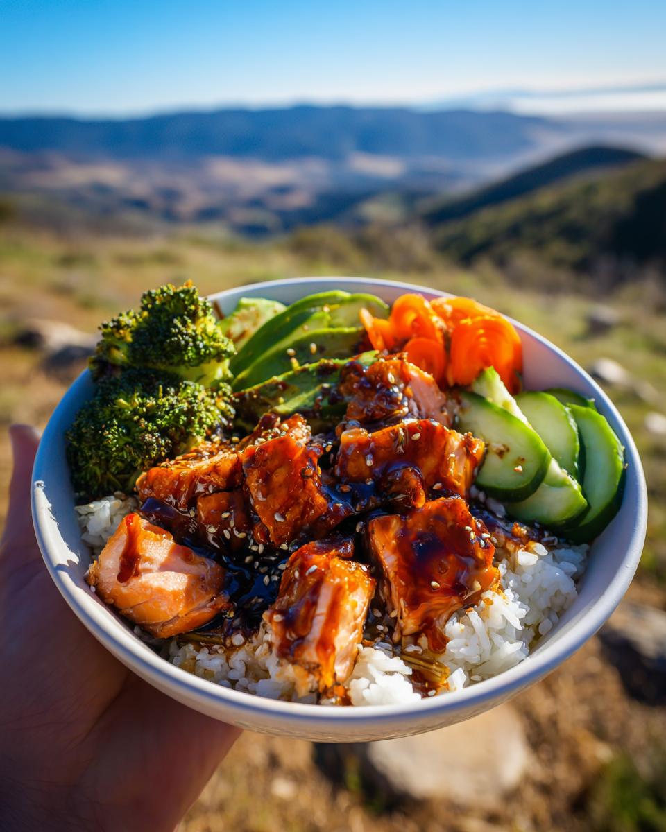 A close-up of a Teriyaki Salmon Bowl Healthy Meal Easy and Flavorful with salmon, rice, broccoli, avocado, and cucumber.