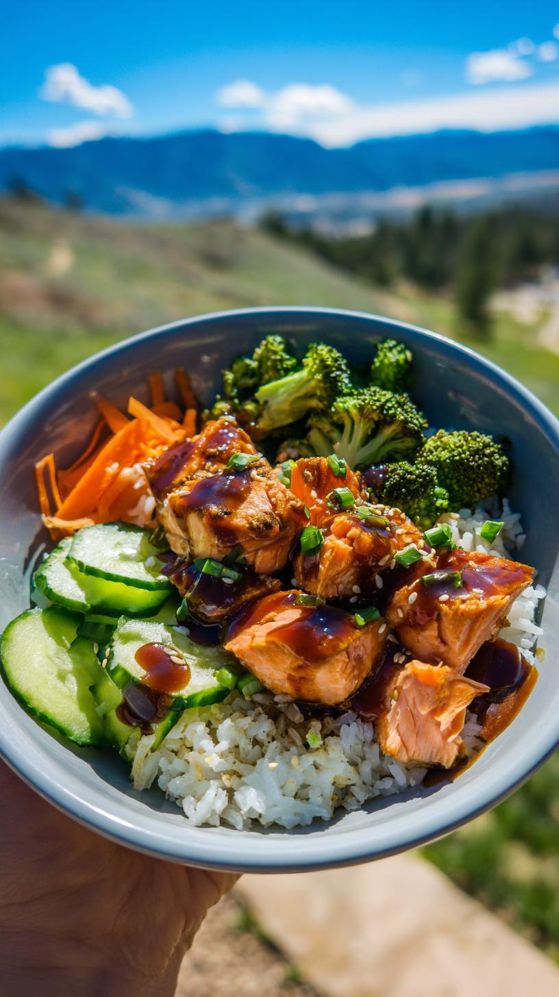 Close-up of a healthy teriyaki salmon bowl with rice, broccoli, cucumber, and carrots, drizzled with teriyaki sauce.