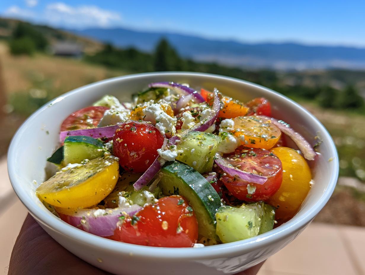 10 Minute tomato cucumber feta salad thrill
