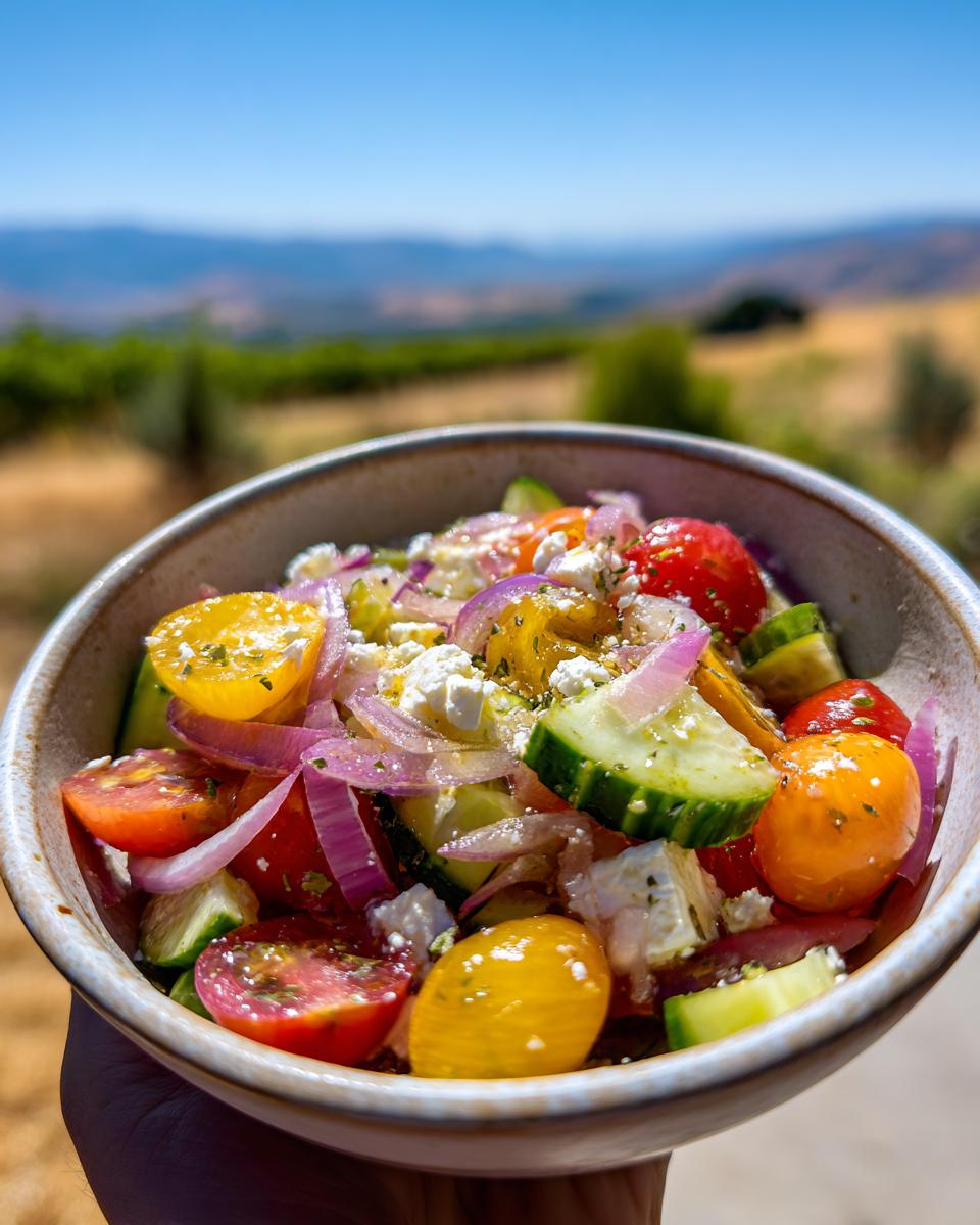 A close-up of a vibrant tomato cucumber feta salad with red onion and herbs, held outdoors.