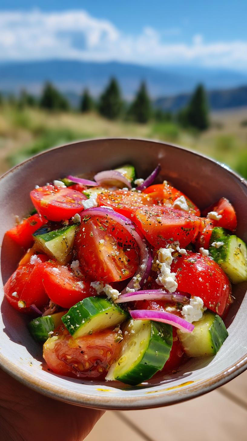 A close-up of a vibrant tomato cucumber feta salad with red onion and herbs, seasoned with pepper.