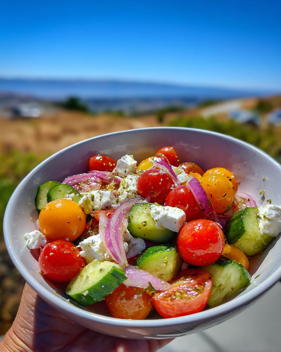 A close-up of a vibrant tomato cucumber feta salad with red onion and herbs, served outdoors.