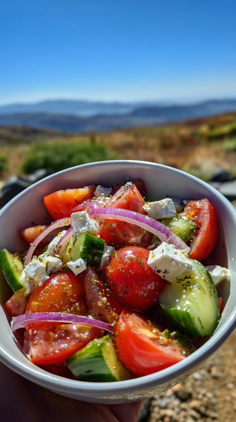 A close-up of a vibrant tomato cucumber feta salad with red onion and herbs, set against a scenic mountain backdrop.
