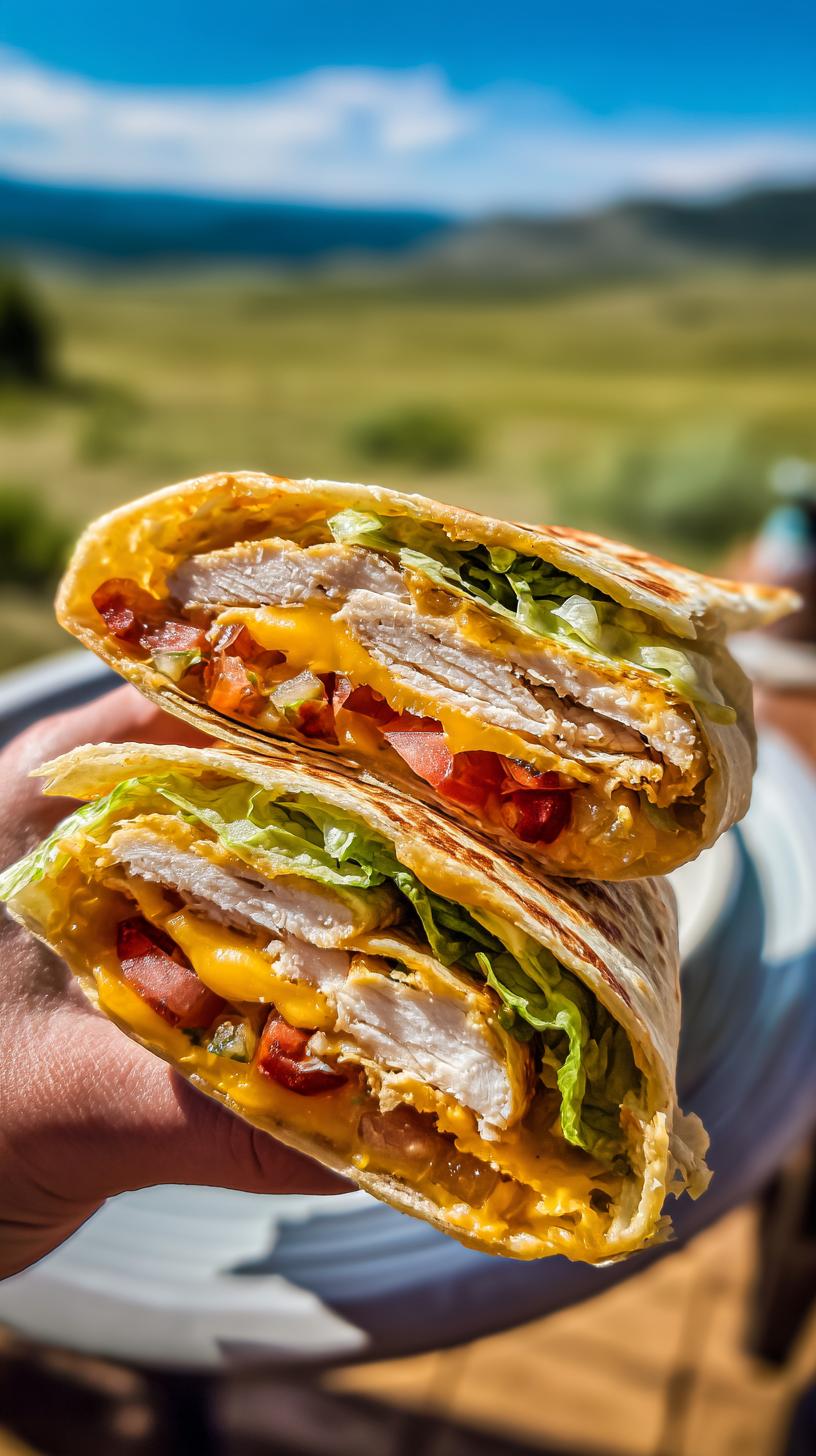 A close-up of a tortilla wrap hack cut in half, revealing layers of grilled chicken, melted cheese, lettuce, and tomatoes.