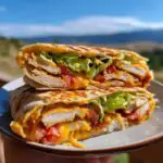 A close-up of a tortilla wrap hack filled with grilled chicken, melted cheese, lettuce, and tomatoes.
