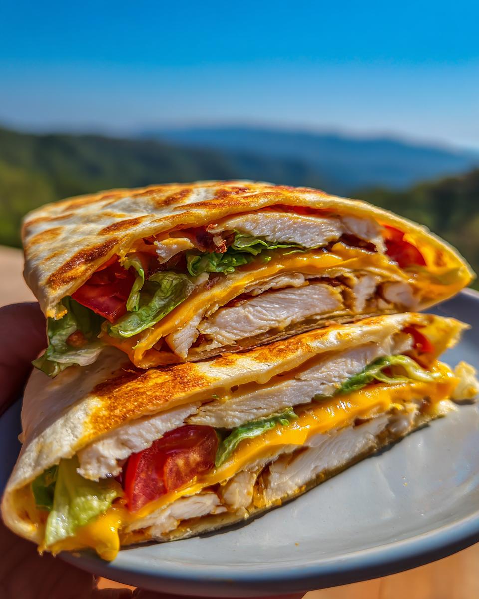 A close-up of a folded tortilla wrap hack filled with grilled chicken, melted cheese, lettuce, and tomato.
