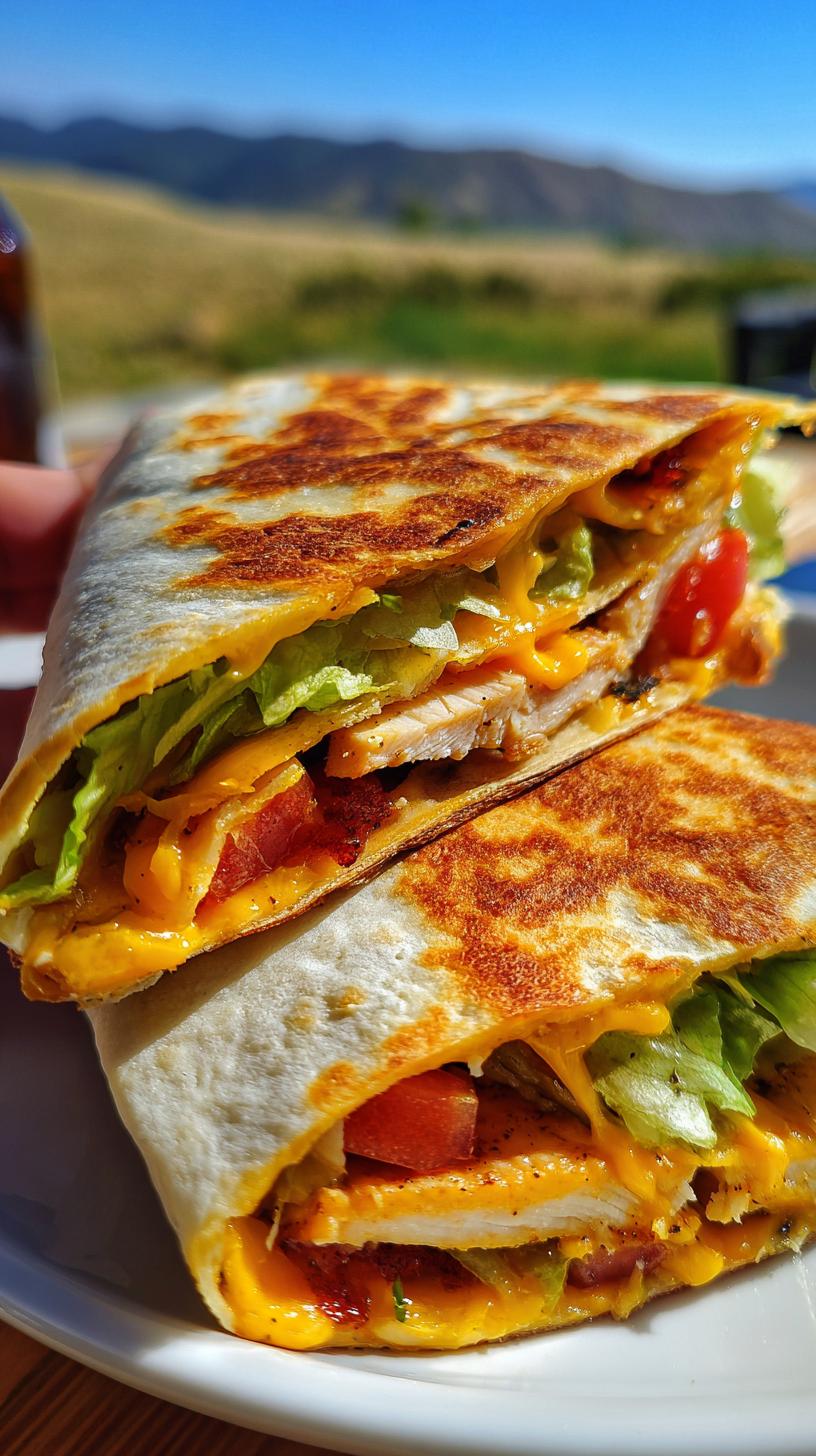 Close-up of a delicious tortilla wrap hack filled with grilled chicken, melted cheese, fresh lettuce, and tomatoes.