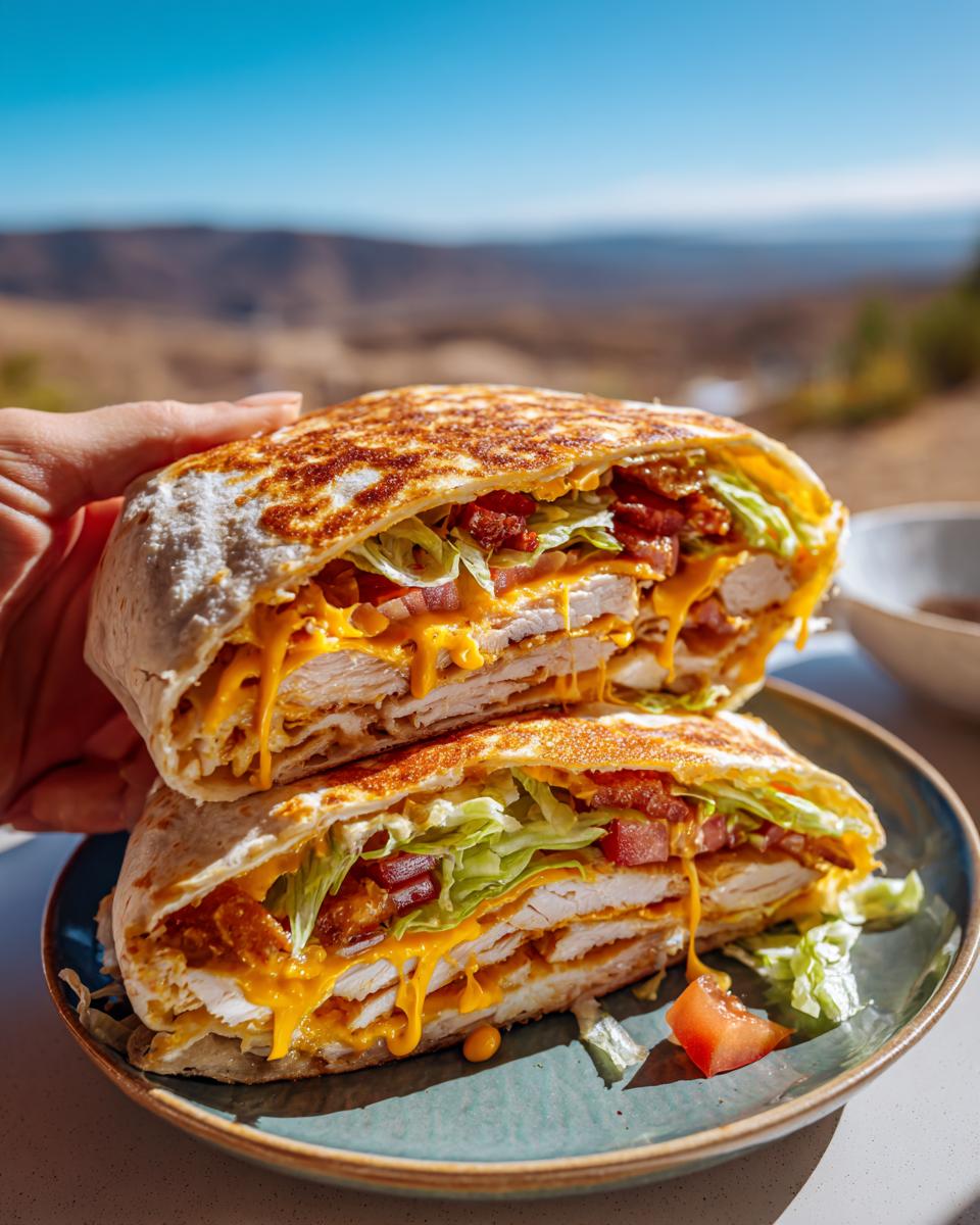 A mouthwatering tortilla wrap hack cut in half, revealing layers of chicken, melted cheese, bacon, lettuce, and tomato.