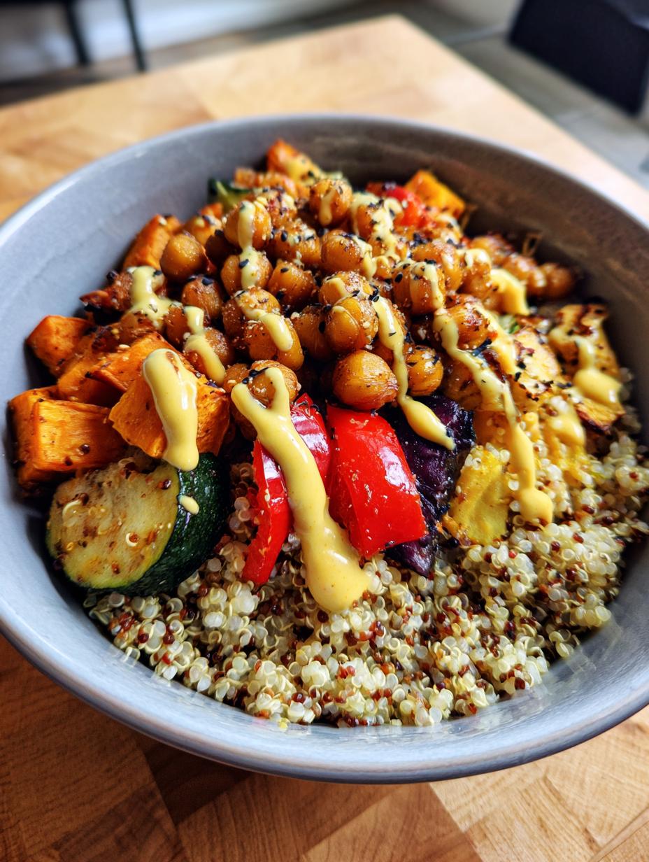 A vibrant Vegan Chickpea and Quinoa Meal Prep Bowl filled with roasted vegetables, chickpeas, and a drizzle of sauce.