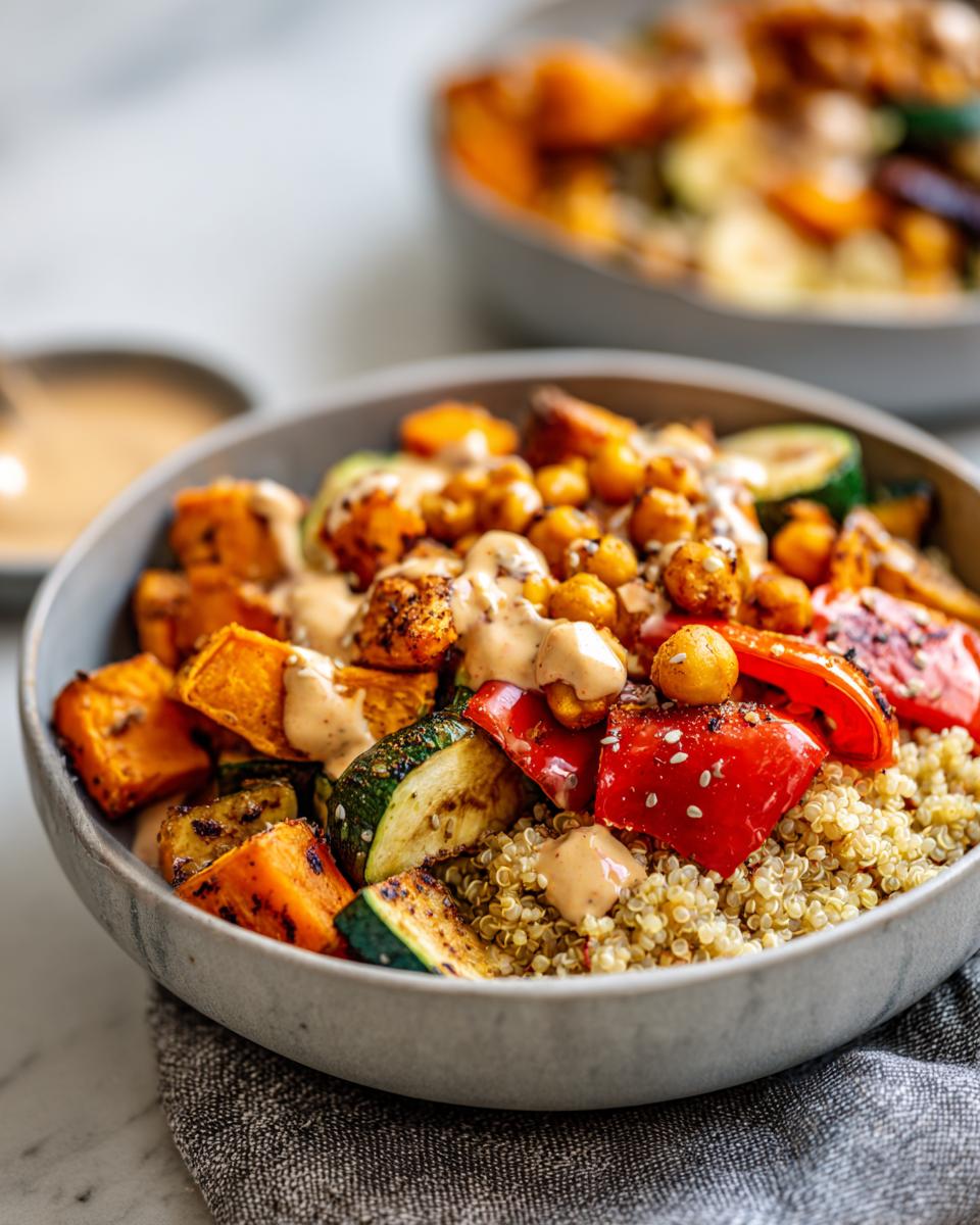 A vibrant Vegan Chickpea and Quinoa Meal Prep Bowl filled with roasted sweet potatoes, zucchini, bell peppers, and chickpeas, drizzled with tahini dressing.