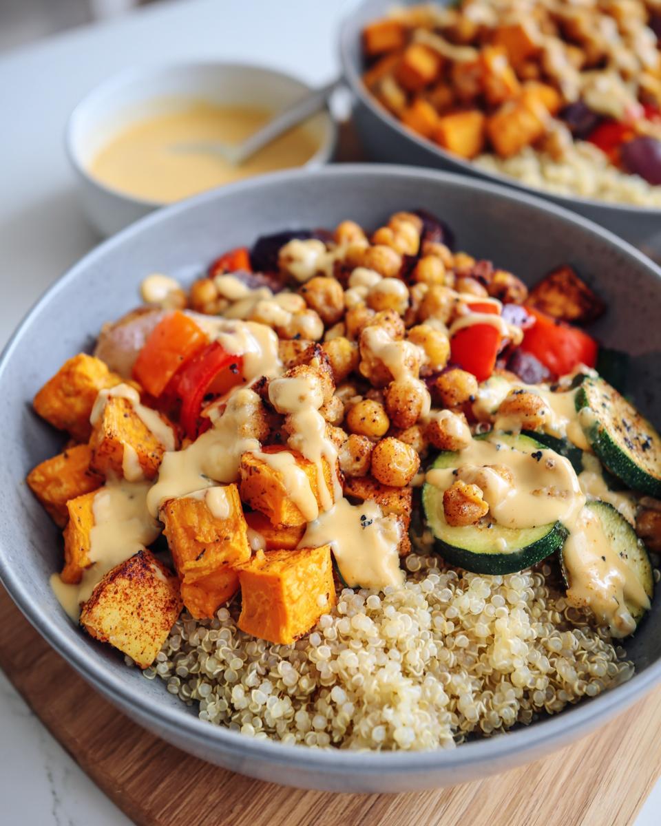 Close-up of a Vegan Chickpea and Quinoa Meal Prep Bowl with roasted sweet potatoes, zucchini, bell peppers, and a creamy tahini dressing.