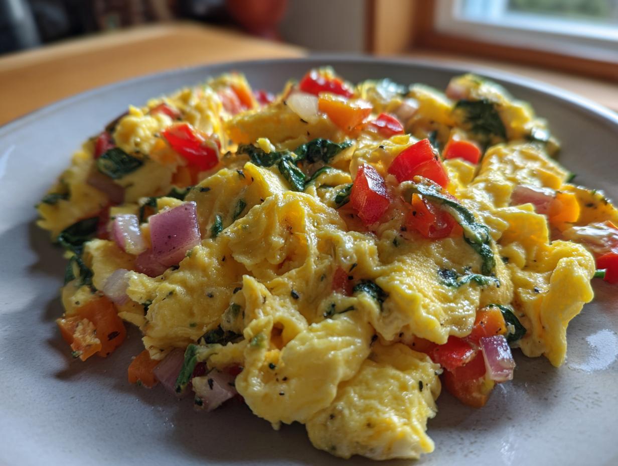 Quick Veggie Loaded Scrambled Eggs: 15 Min Meal