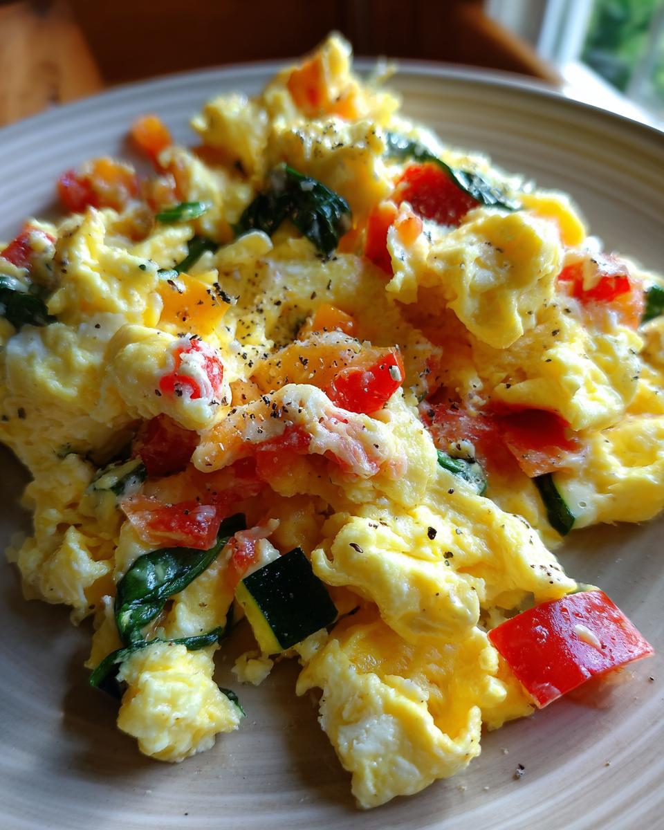 A close-up shot of fluffy Veggie Loaded Scrambled Eggs with diced tomatoes, zucchini, and spinach.