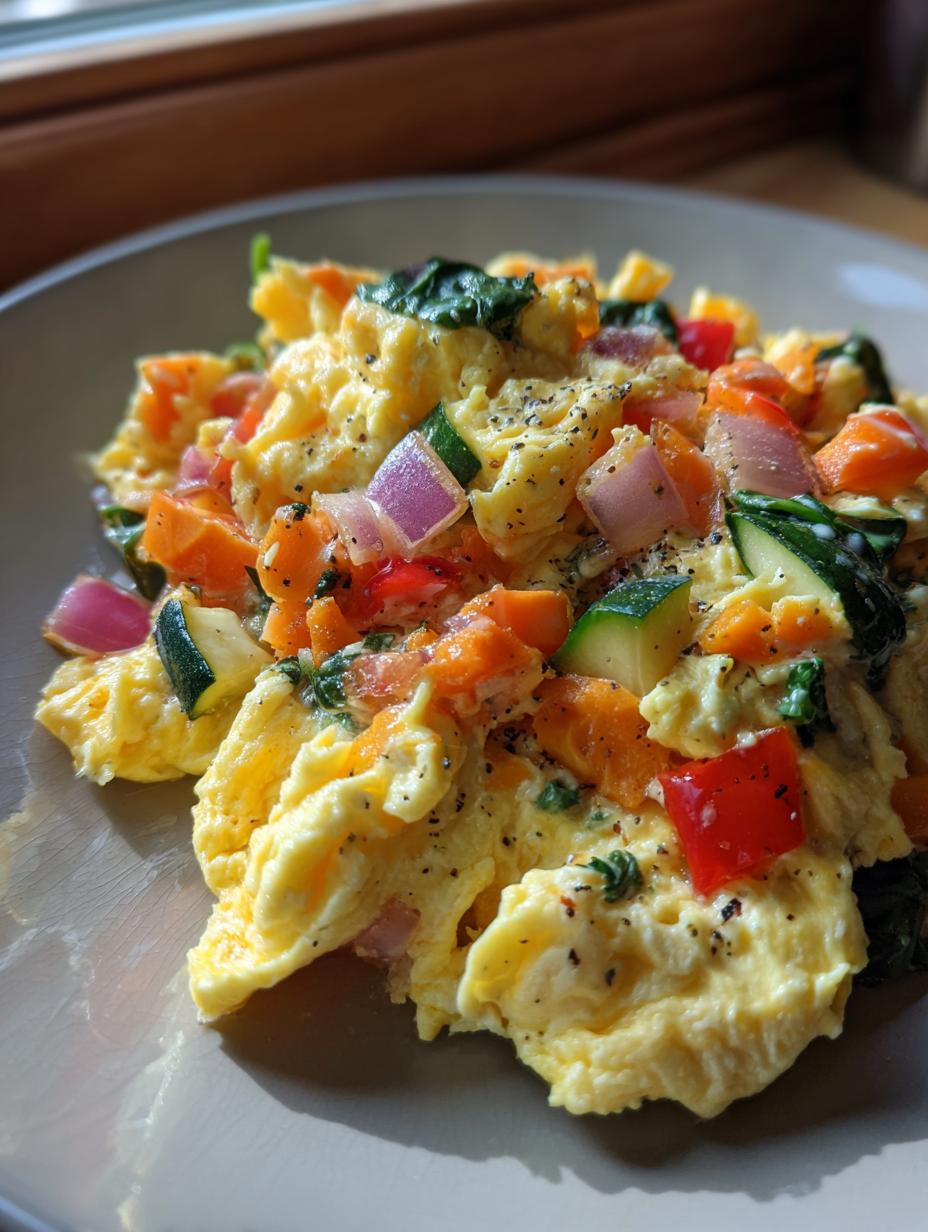 Close-up of fluffy Veggie Loaded Scrambled Eggs with diced red onion, zucchini, carrots, and spinach.