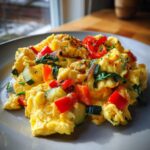 A close-up of fluffy Veggie Loaded Scrambled Eggs mixed with diced red bell peppers, zucchini, and spinach.