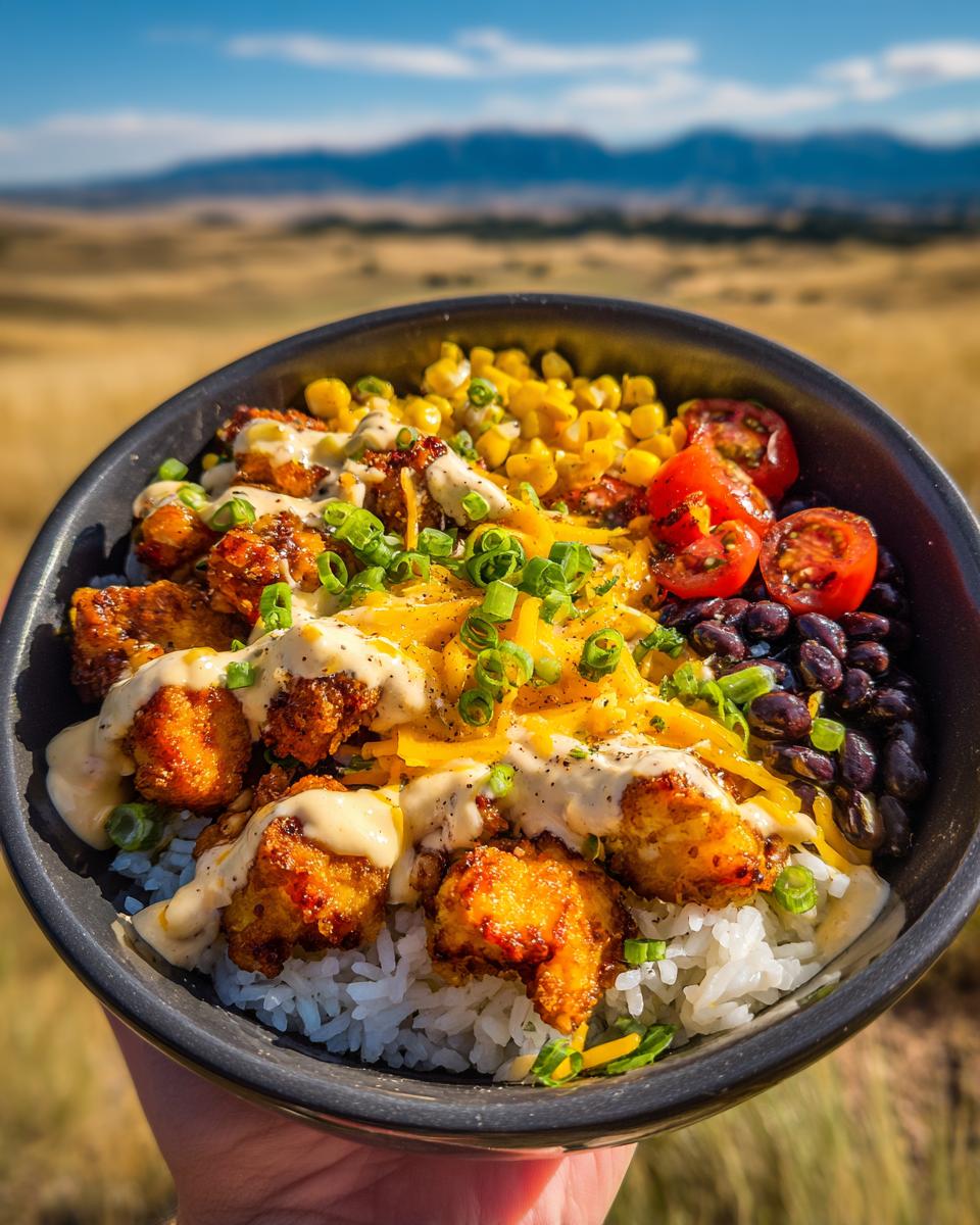 A delicious Viral Chicken Bowl Easy Recipe featuring crispy chicken, rice, corn, black beans, tomatoes, and cheese.