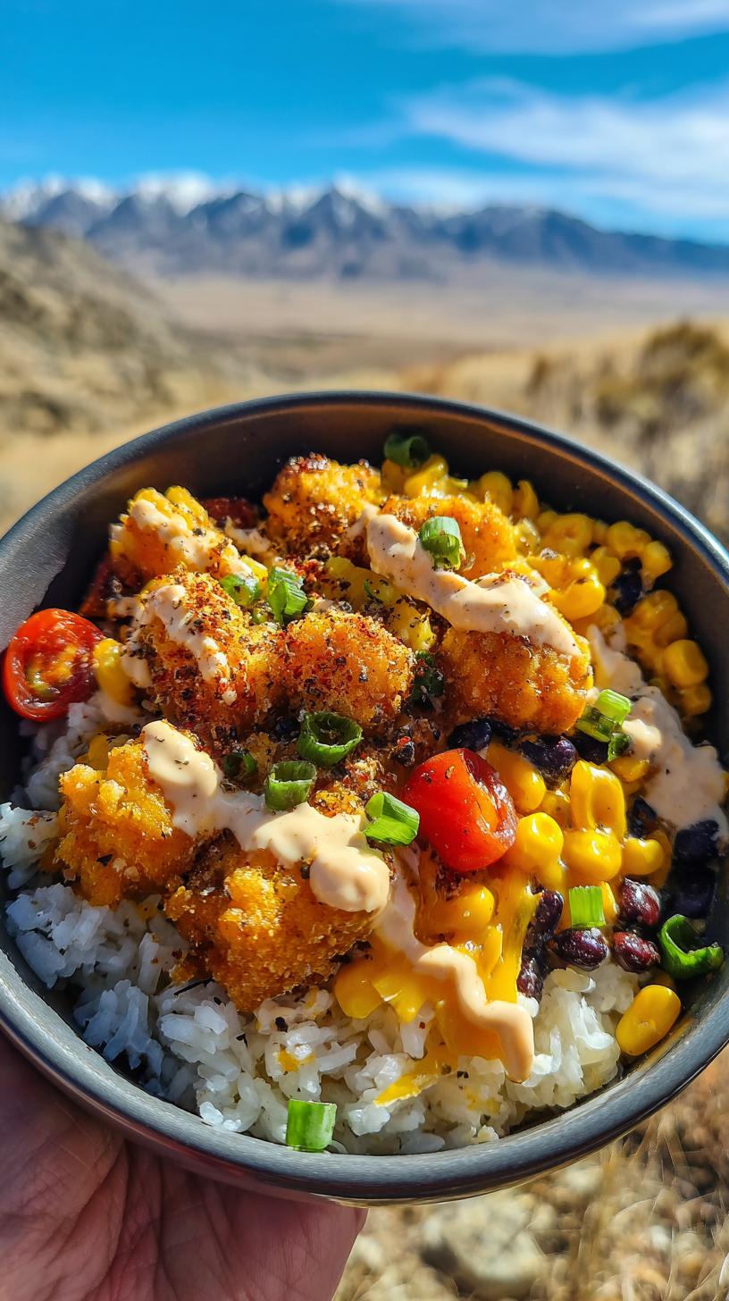 A close-up of a Viral Chicken Bowl Easy Recipe with crispy chicken, rice, corn, black beans, cherry tomatoes, and a creamy sauce.