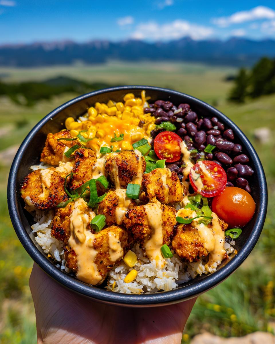 A hand holding a Viral Chicken Bowl Easy Recipe with seasoned chicken, rice, corn, black beans, and tomatoes, set against a mountain landscape.