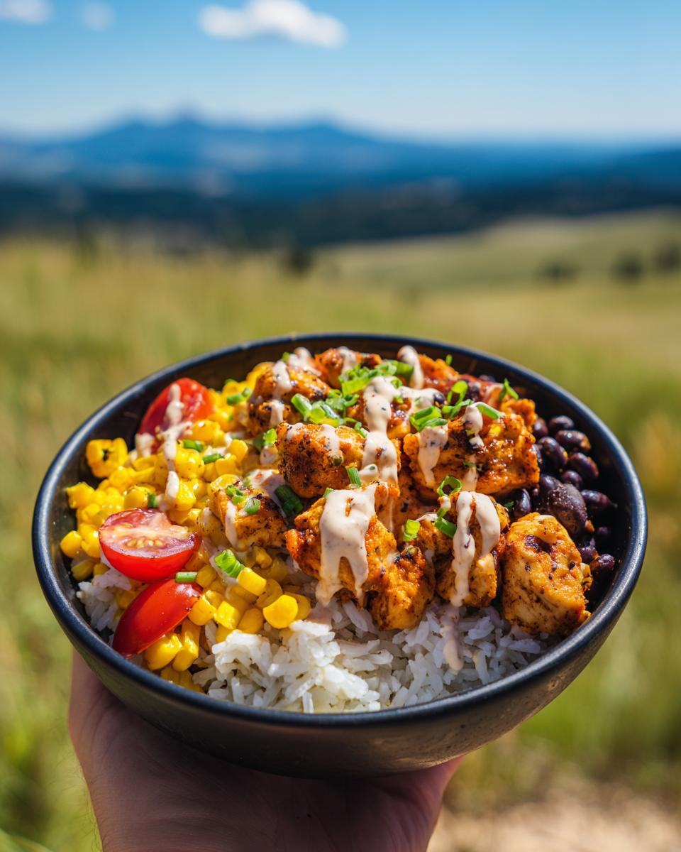 A hand holds a black bowl filled with a Viral Chicken Bowl Easy Recipe, featuring rice, seasoned chicken, corn, black beans, and cherry tomatoes, drizzled with sauce.