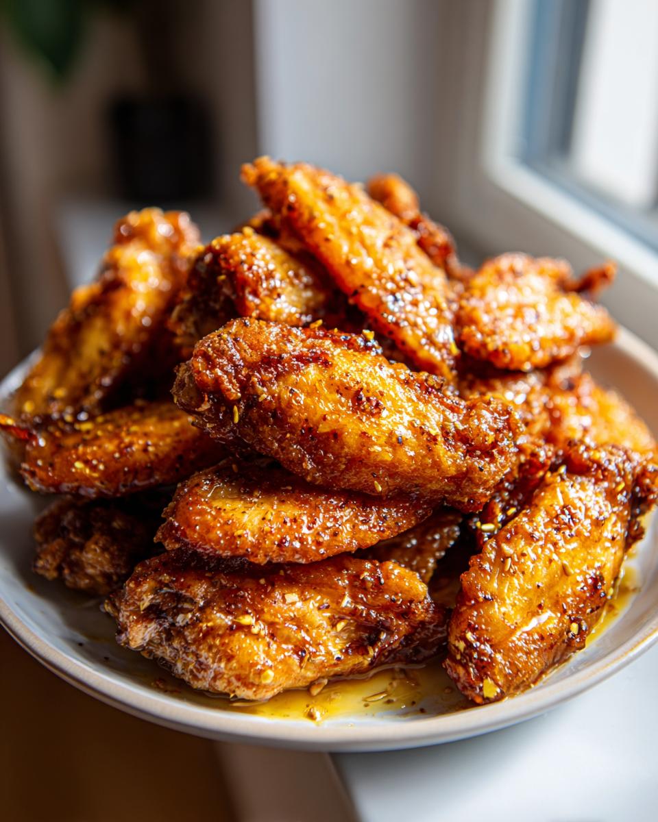 A close-up shot of a pile of glistening Wet Lemon Pepper Wings, coated in a flavorful sauce and spices.
