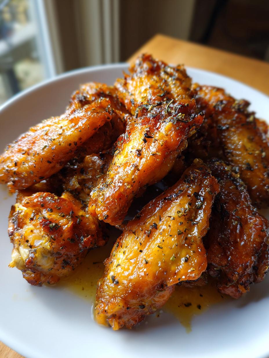 A close-up shot of a pile of glistening Wet Lemon Pepper Wings, seasoned with herbs, on a white plate.