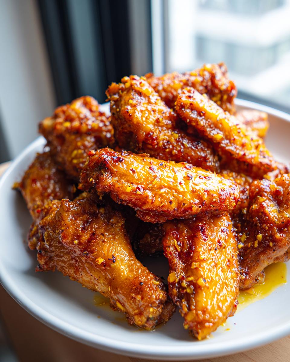 A close-up of a plate piled high with glistening Wet Lemon Pepper Wings, coated in a zesty sauce and sprinkled with pepper flakes.