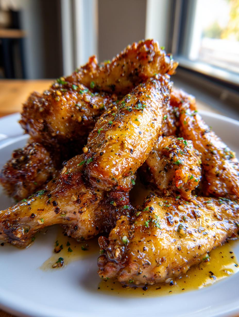 A close-up of a pile of glistening Wet Lemon Pepper Wings, coated in a savory sauce and sprinkled with herbs.