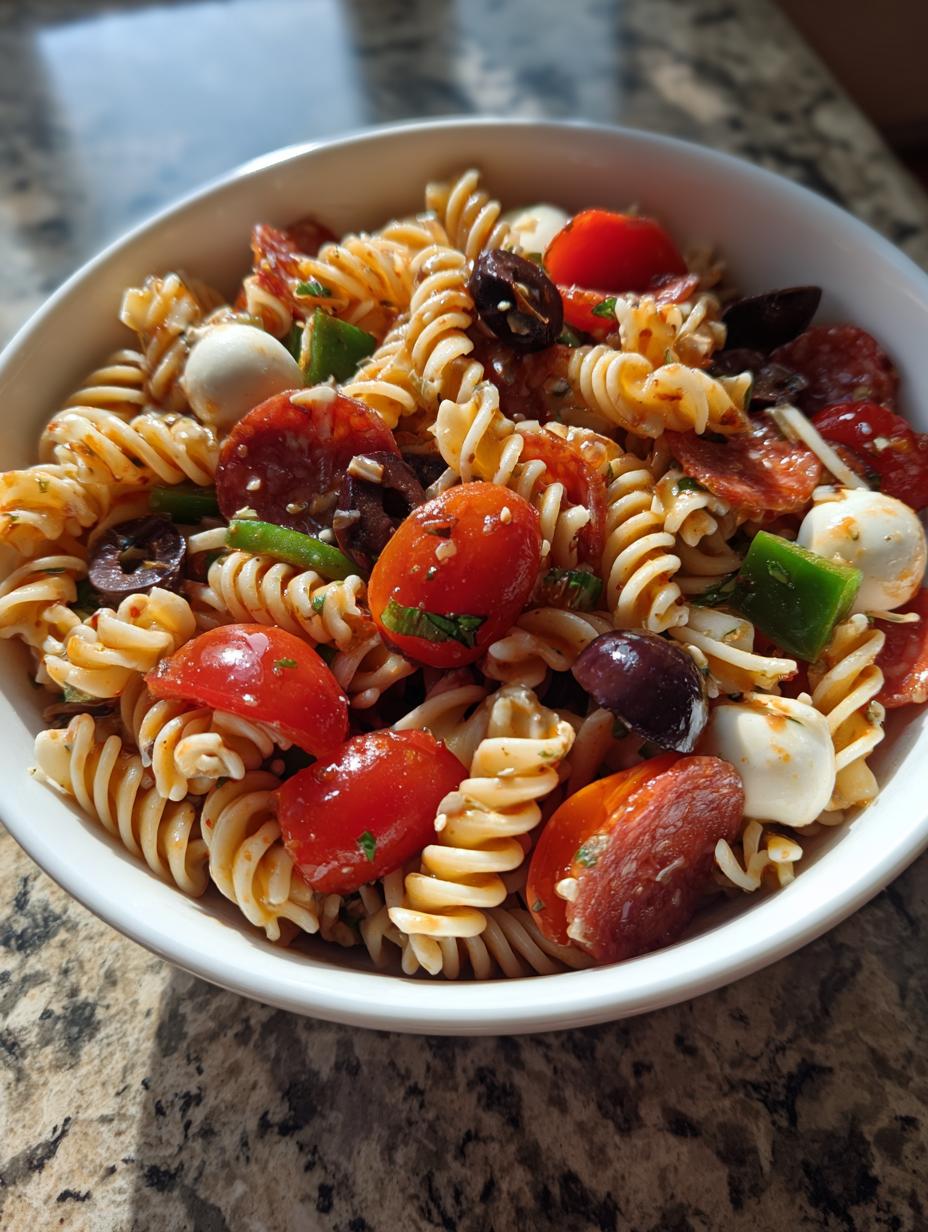 Zesty Italian Pasta Salad: 1 Amazing Potluck Winner 6 A bowl of Zesty Italian Pasta Salad featuring rotini pasta, cherry tomatoes, olives, pepperoni, and mozzarella balls.