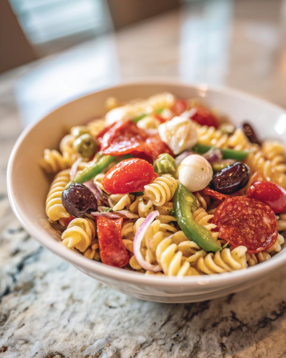 Zesty Italian Pasta Salad: 1 Amazing Potluck Winner 7 A close-up of Zesty Italian Pasta Salad in a white bowl, featuring rotini pasta, salami, cherry tomatoes, olives, mozzarella balls, and green peppers.