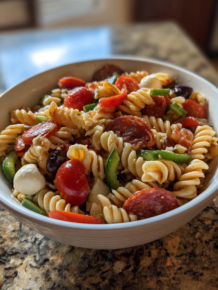 Zesty Italian Pasta Salad: 1 Amazing Potluck Winner 8 A close-up of a white bowl filled with Zesty Italian Pasta Salad, featuring rotini pasta, pepperoni, cherry tomatoes, mozzarella balls, and green peppers.