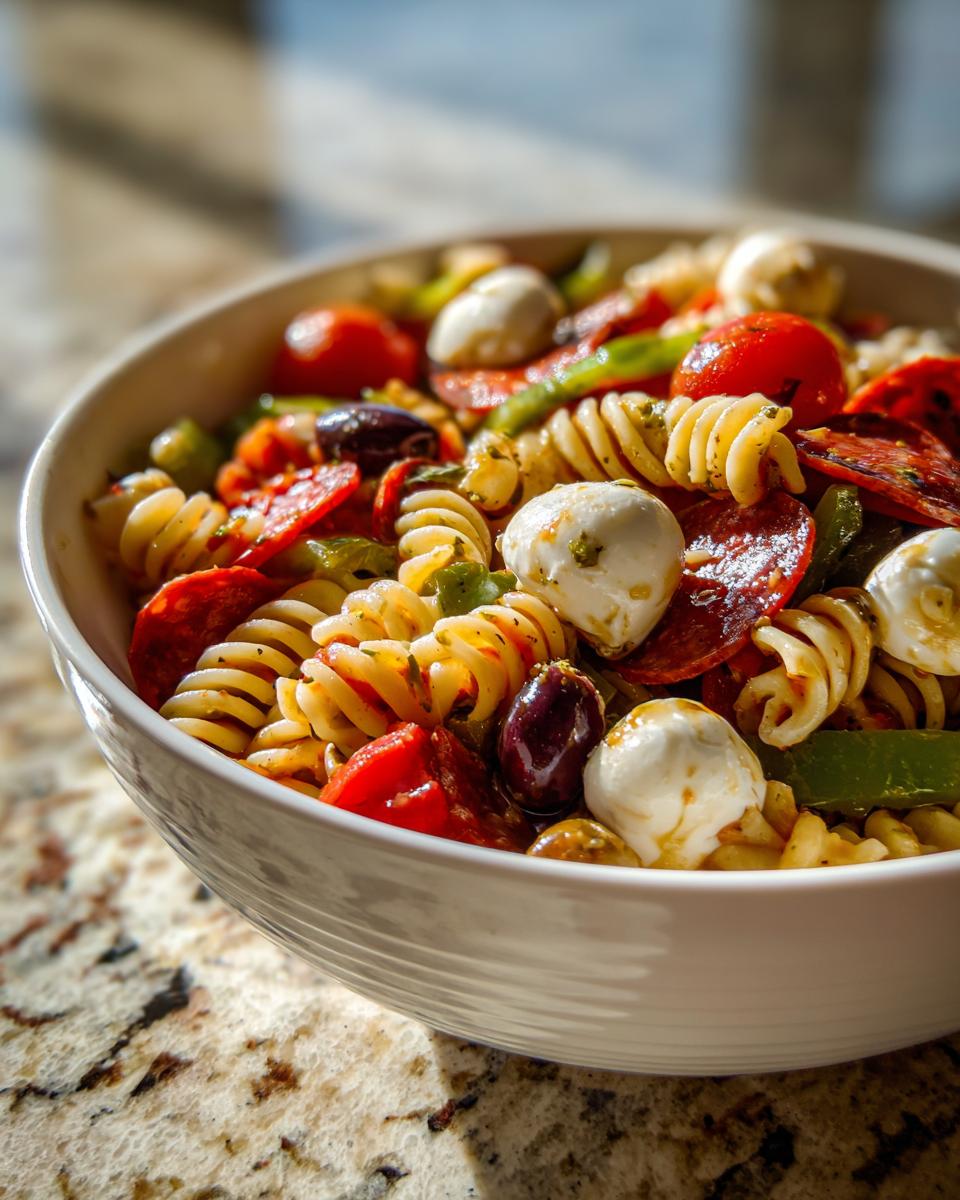 Zesty Italian Pasta Salad: 1 Amazing Potluck Winner 9 A close-up of Zesty Italian Pasta Salad in a white bowl, featuring rotini pasta, pepperoni, mozzarella balls, olives, and tomatoes.