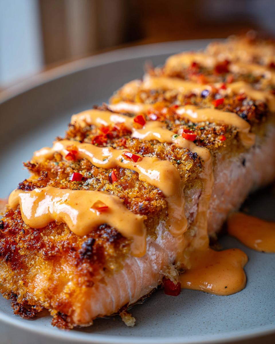 Close-up of air fryer bang bang salmon with a creamy sauce and chili flakes.