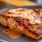 Close-up of a perfectly cooked air fryer bang bang salmon fillet drizzled with creamy sauce and chili flakes.
