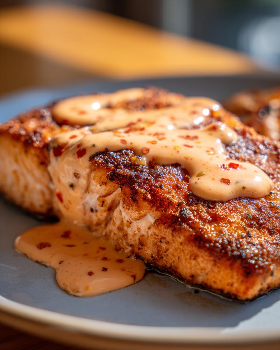 Close-up of a perfectly cooked air fryer bang bang salmon fillet drizzled with creamy sauce and chili flakes.