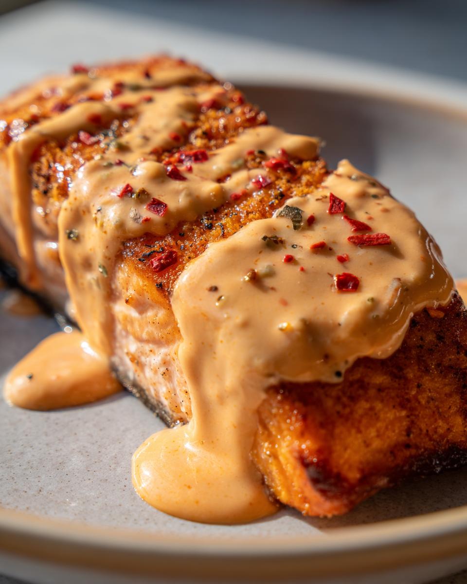 A close-up of a perfectly cooked air fryer bang bang salmon fillet, generously drizzled with a creamy, spicy sauce and topped with red pepper flakes.