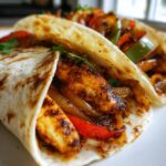 Close-up of a warm tortilla filled with seasoned chicken, bell peppers, and onions for air fryer chicken fajitas.