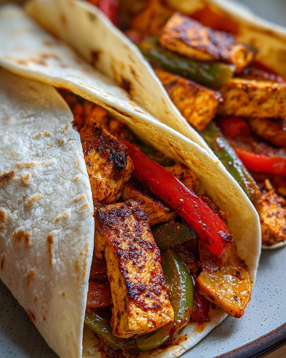 Close-up of two air fryer chicken fajitas filled with seasoned chicken, bell peppers, and onions.